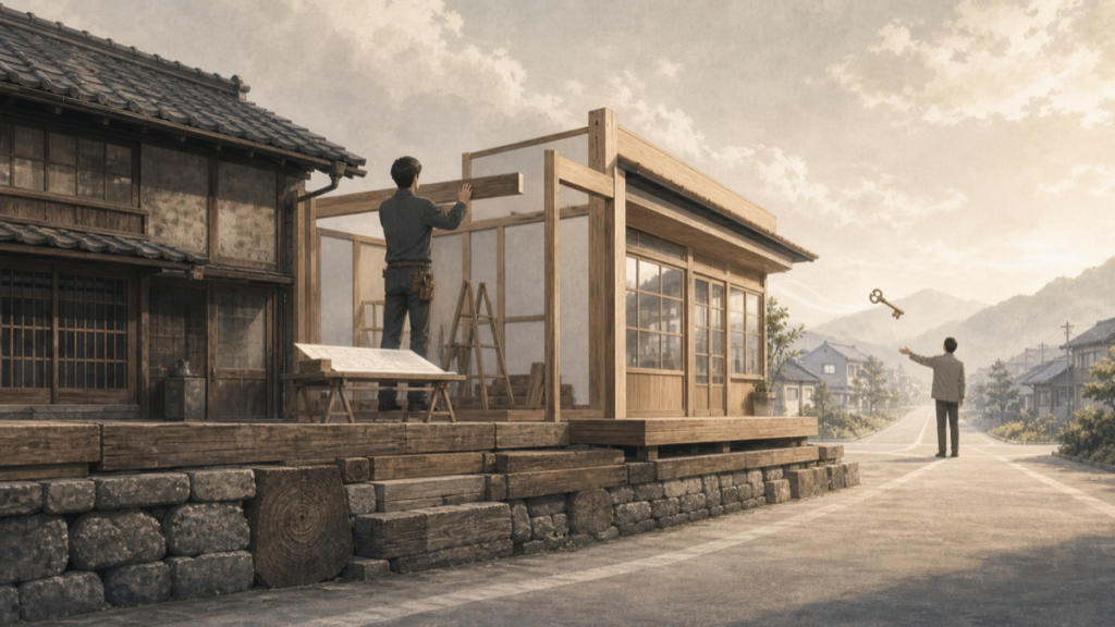 古い母屋の隣に新しい構造を建てる人々のイメージ。受け継いだ土台の上に自分のものを築く「1.5代目」を表す|日本家業承継協会