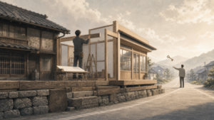 古い母屋の隣に新しい構造を建てる人々のイメージ。受け継いだ土台の上に自分のものを築く「1.5代目」を表す｜日本家業承継協会